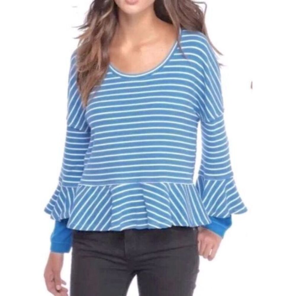 Free People we the free blue striped flare sleeve‎ peplum ribbed oversized top